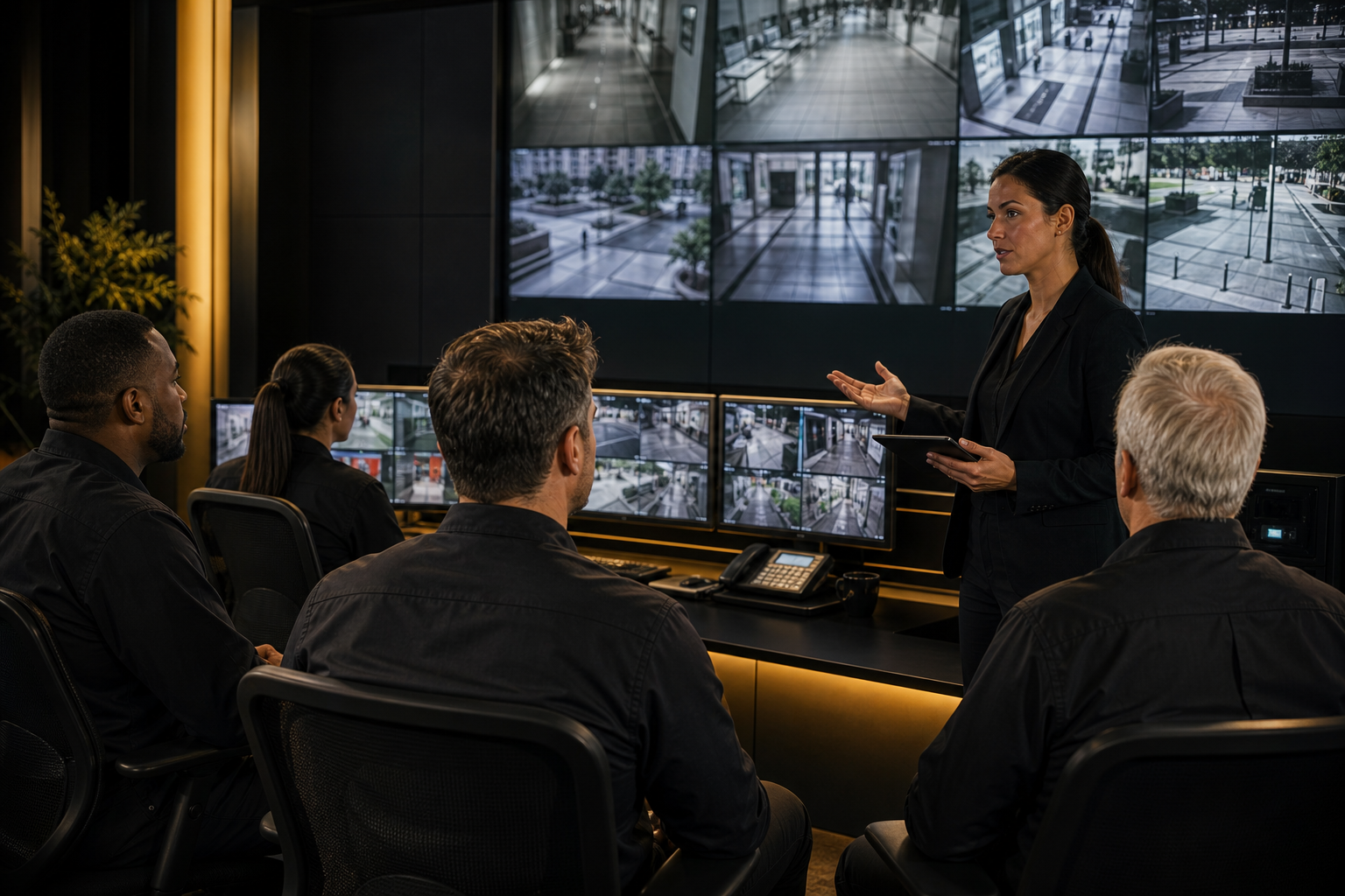 CCTV operator monitoring security screens in a control room