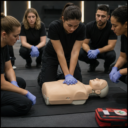 Learners practising first aid and CPR in a professional training class
