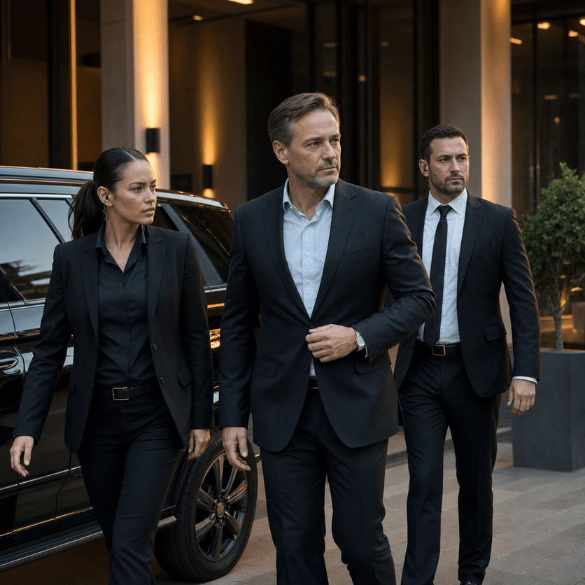 Close protection operative standing beside a secure vehicle