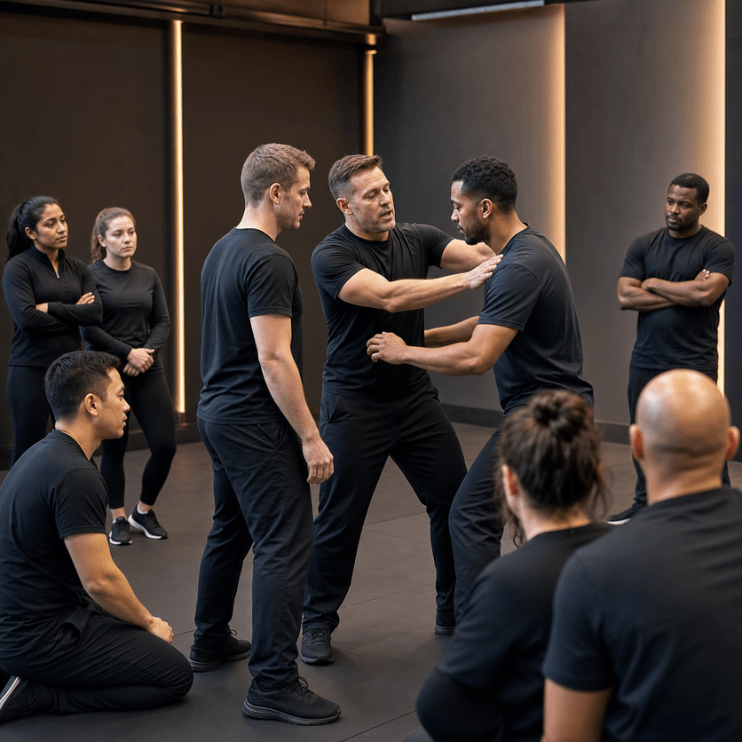 Security learners practising controlled physical intervention techniques